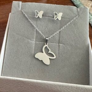 Stainless Silver Butterfly Necklace & Stud Earring Jewelry Set
